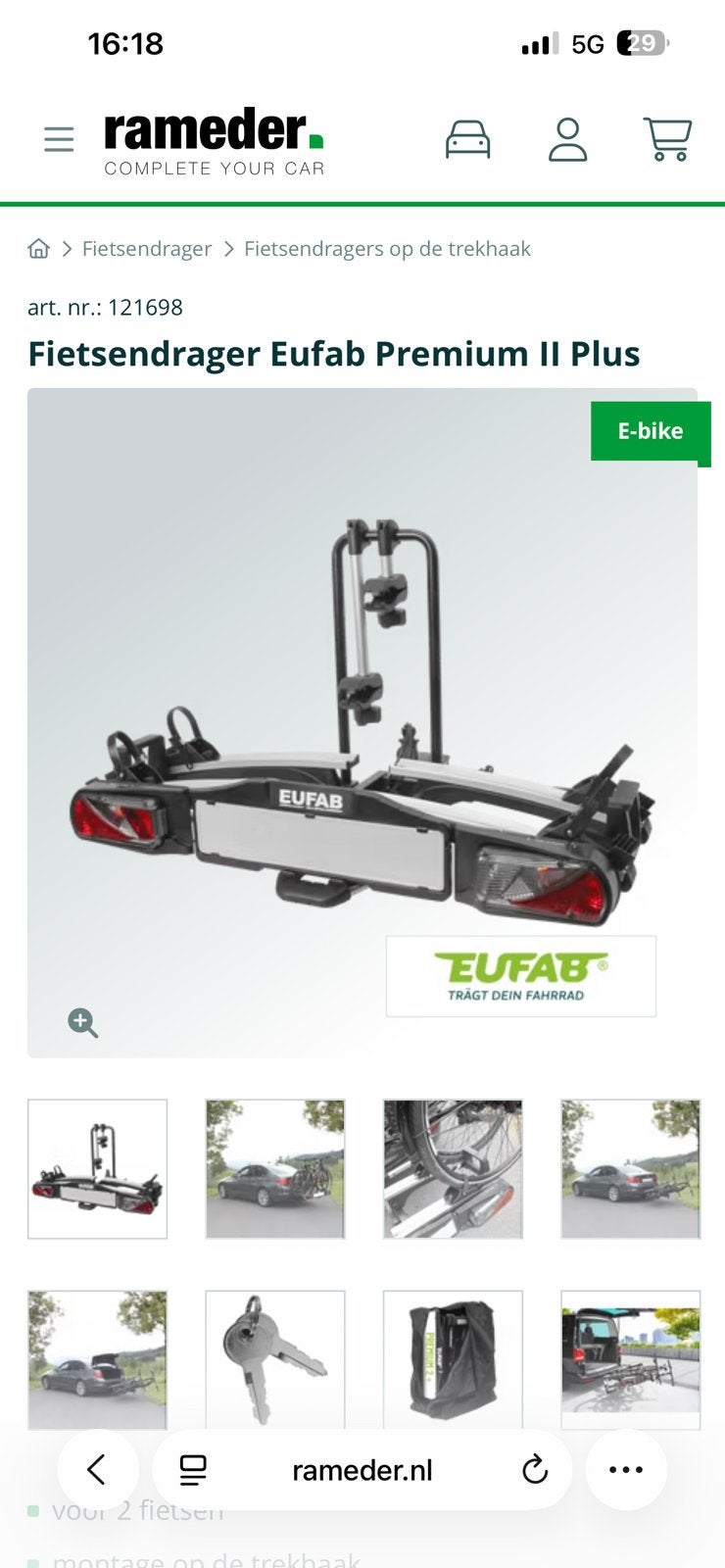 Eufab Premium 2 plus kantelbare fietsendrager, Ophalen, Zo goed als nieuw, Achterklepdrager