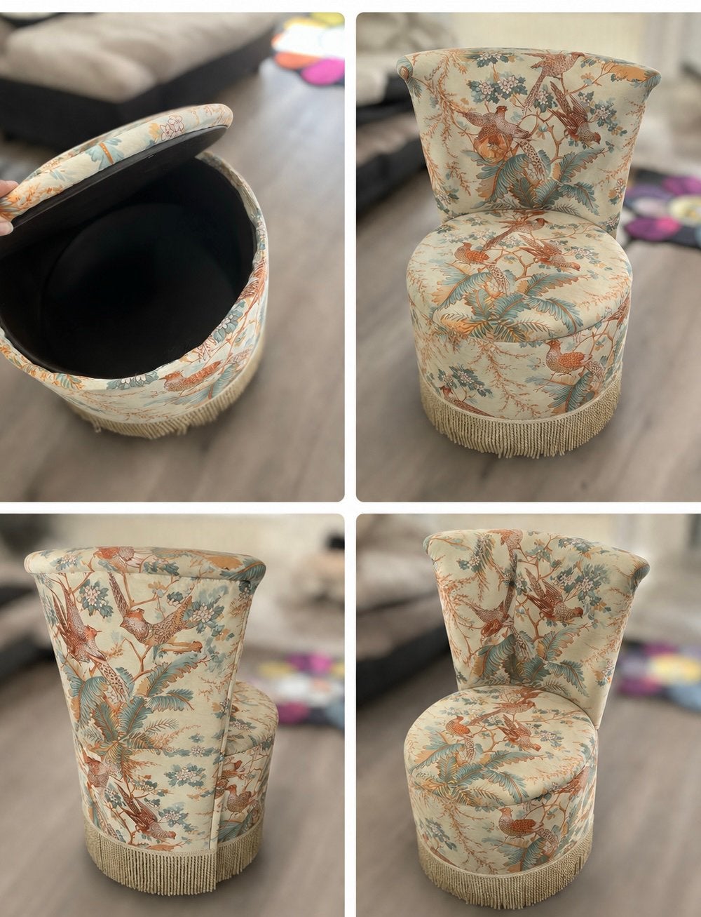 Vintage Fauteuil met opbergruimte en vogelprint, Ophalen, Overige kleuren, Zo goed als nieuw, Eén