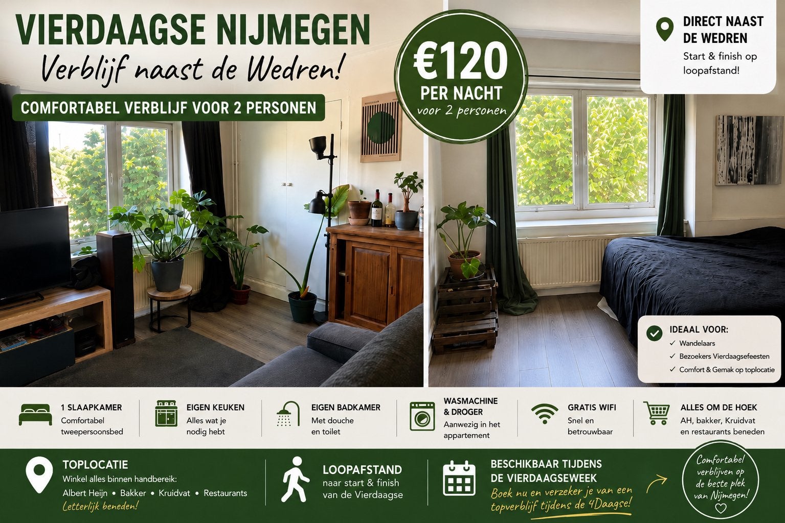 2 personen appartement vierdaagse Nijmegen naast de Wedren, Nijmegen