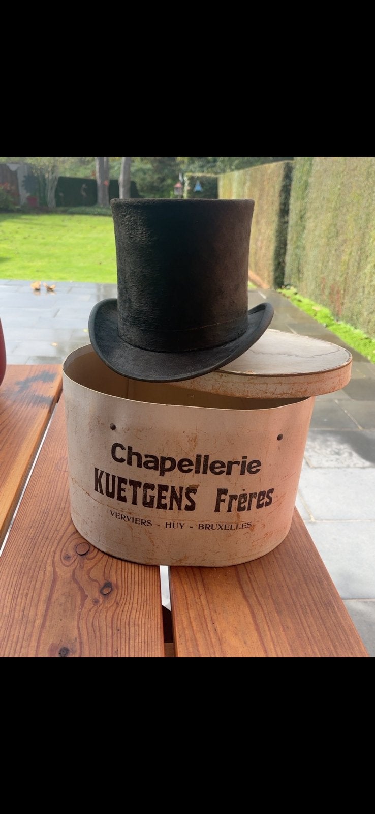 Antieke zwarte hoge hoed chapellerie KEUTGENS, Ophalen of Verzenden, Zo goed als nieuw, 58 cm (L, 7¼ inch) of meer, Hoed