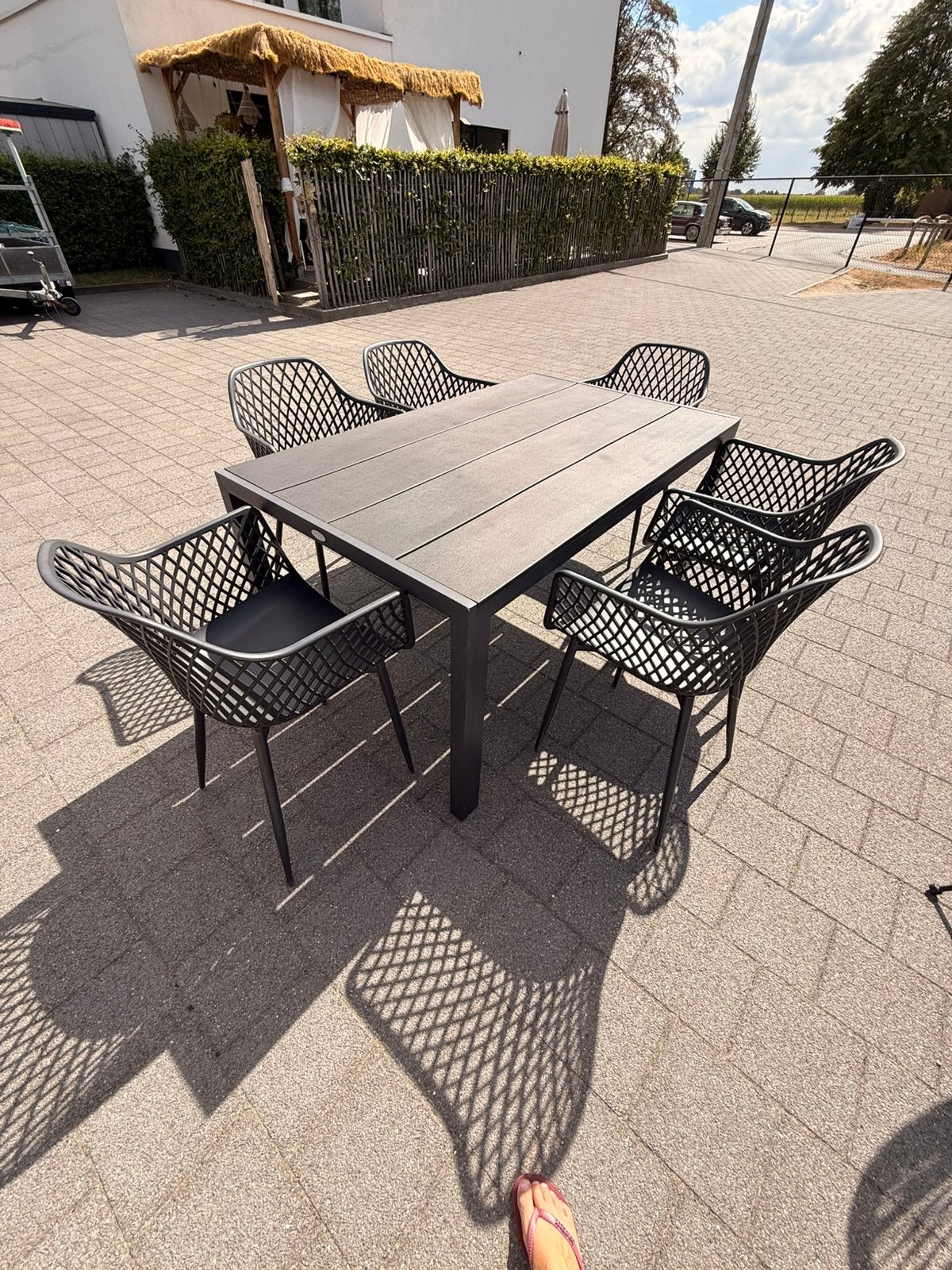 Tuintafel + 6 stoelen – 150-90 cm – €250, Ophalen, Zo goed als nieuw, Eettafel