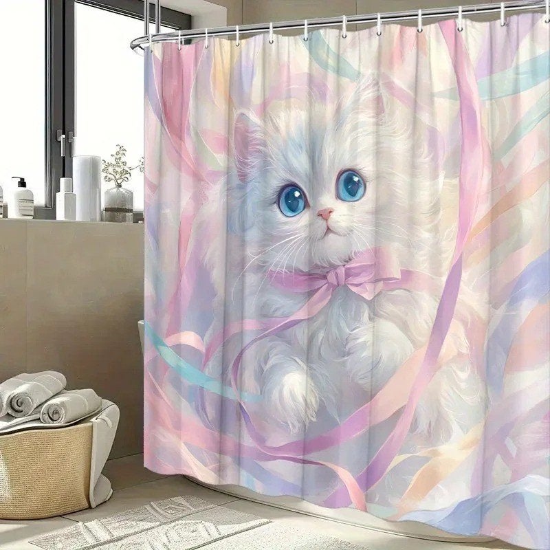Douchegordijn Schattige Roze Kat (180x200cm), Ophalen of Verzenden, Nieuw, Roze, Overige typen