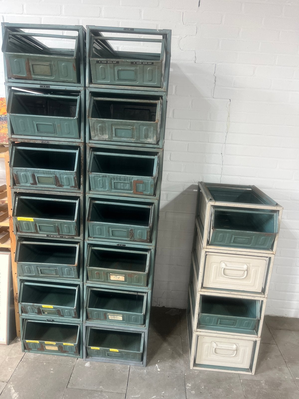 Vintage metal magazijnbakken - Groen en Wit Lager-Fix, Ophalen, Gebruikt