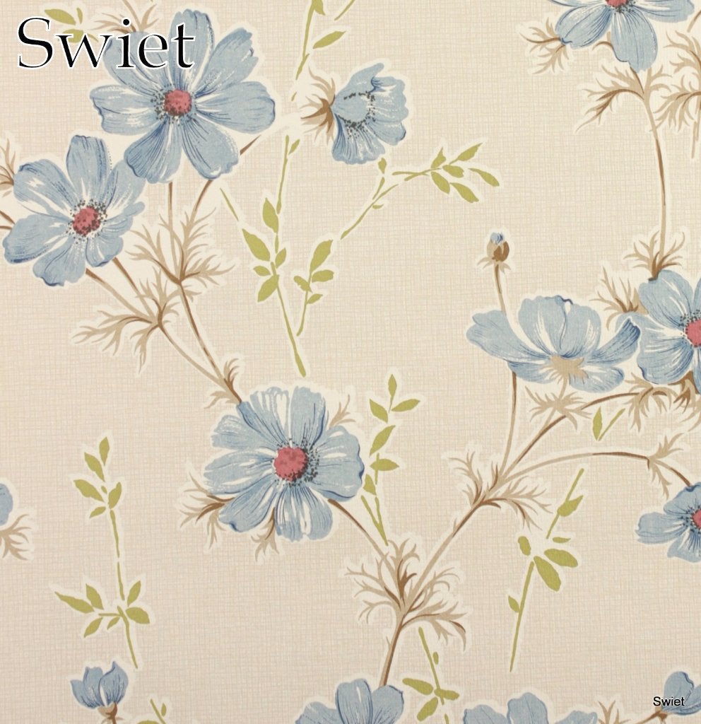 6523 blauw bloemen vintage wallpaper beige green swiet, Verzenden, Blauw