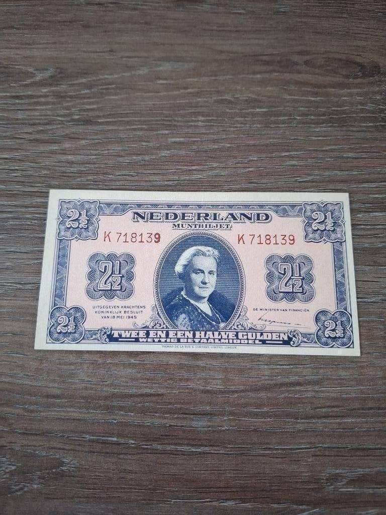 Bijna UNC biljet 2,5 gulden Wilhelmina 1945, 1-lettervariant, Ophalen of Verzenden