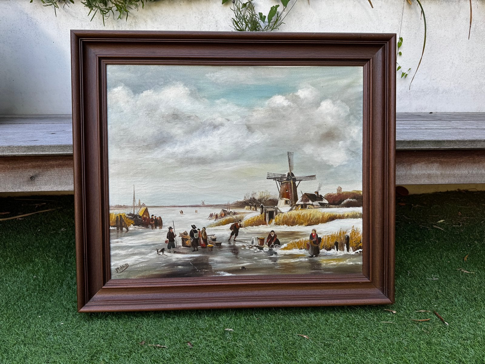 Schilderij wintertafereel schaatsen ijs molentje slee, Ophalen