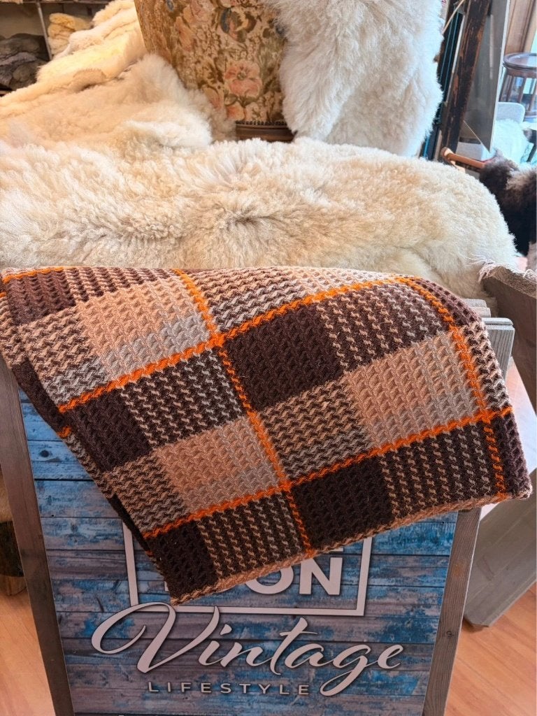 Retro Grand Foulard picknickkleed wafelstof bruin oranje, Djt@dejuistetoon.eu, Zo goed als nieuw, Mon Plaisir 19, Etten-Leur, Netherlands