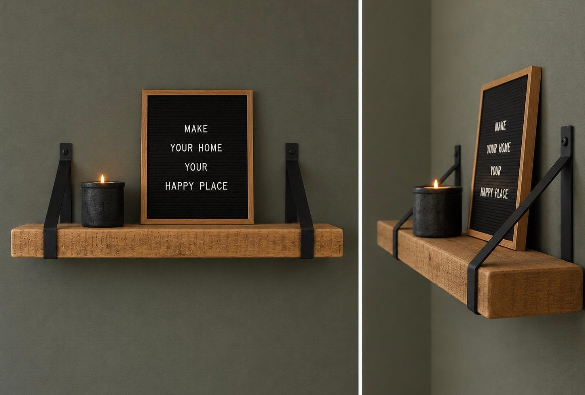 Stoere houten wandplank met zwarte dragers - 90x22x7 cm, Ophalen, Zo goed als nieuw