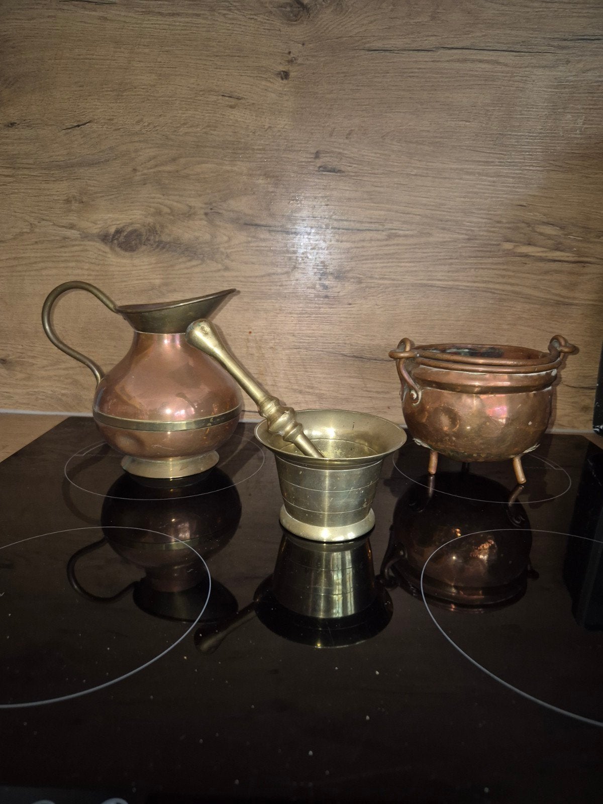 Antieke koperen en bronzen set: kan, vijzel en pot, Antiek en Kunst, Ophalen of Verzenden