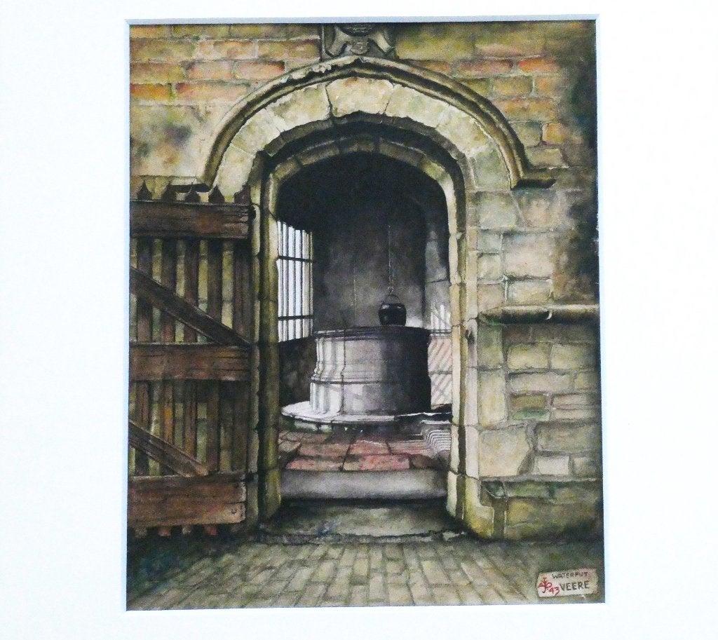 Aquarel Waterput Veere Zeeland - Dirk van Gelder 1943, Ophalen of Verzenden, Gesigneerd, Klassiek, Aquarel