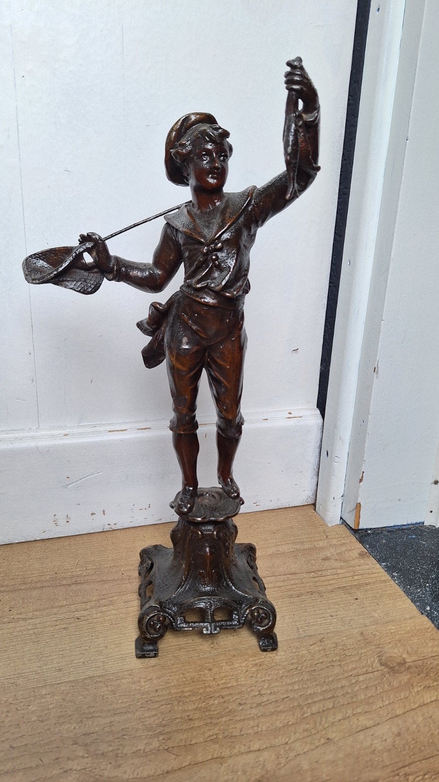 Spelter beeld van een visser, zie foto's, Ophalen of Verzenden