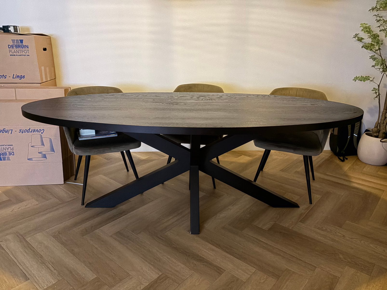 Table du Sud ovale eettafel 2.20 x 1.10 m + 6 taupe stoelen, Ophalen, 100 tot 150 cm, 200 cm of meer, Zo goed als nieuw