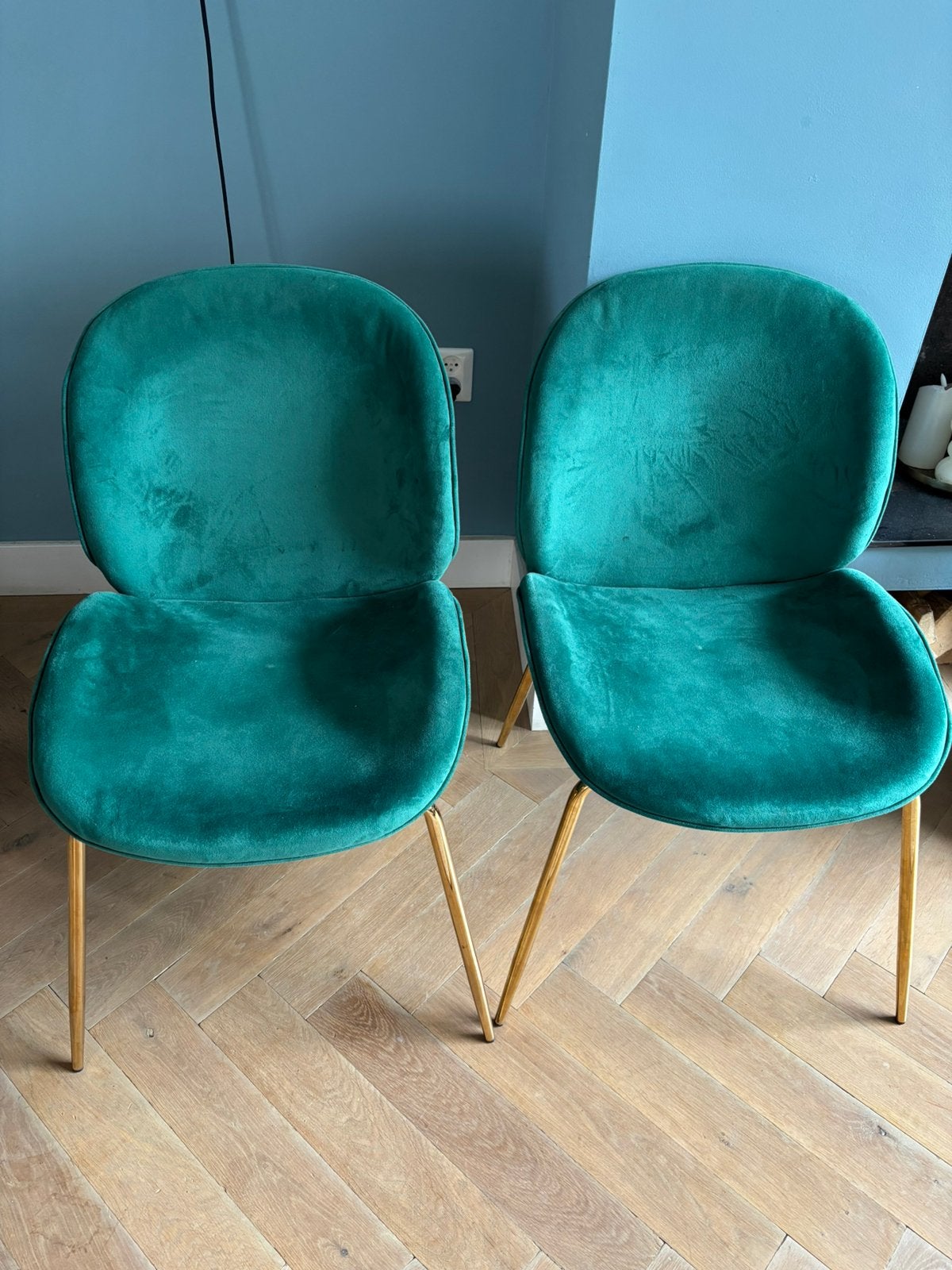 2x Groene eetkamerstoel fluweel, Huis en Inrichting, Stoelen, Ophalen, Overige materialen, Modern design, Gebruikt