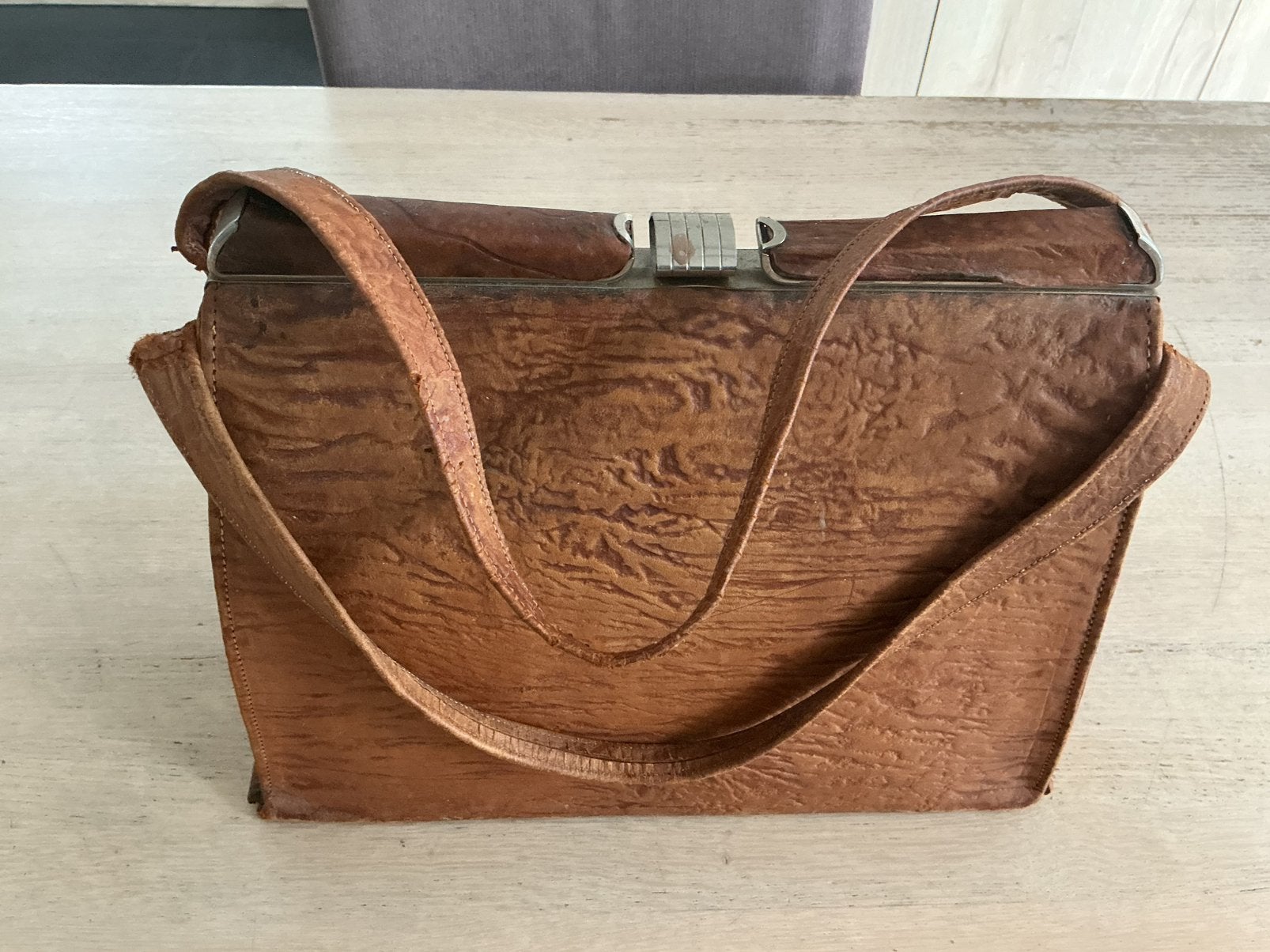 Vintage Leren Handtas . Grote vintage handtas jaren 50, Ophalen of Verzenden, Gebruikt, Bruin, Handtas