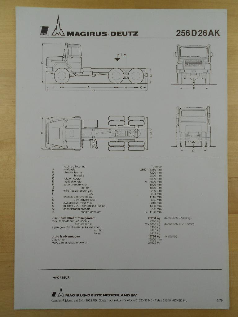 Magirus Deutz 256D 26AK Torpedo Technische Brochure 1979, Magirus, Ophalen of Verzenden, Zo goed als nieuw, Overige merken