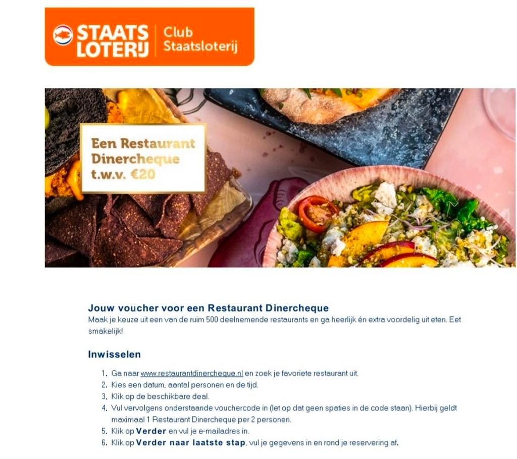 Voucher Restaurant dinercheque t.w.v. €20, -, Tickets en Kaartjes, Kortingen en Cadeaubonnen, Drie personen of meer, Cadeaubon