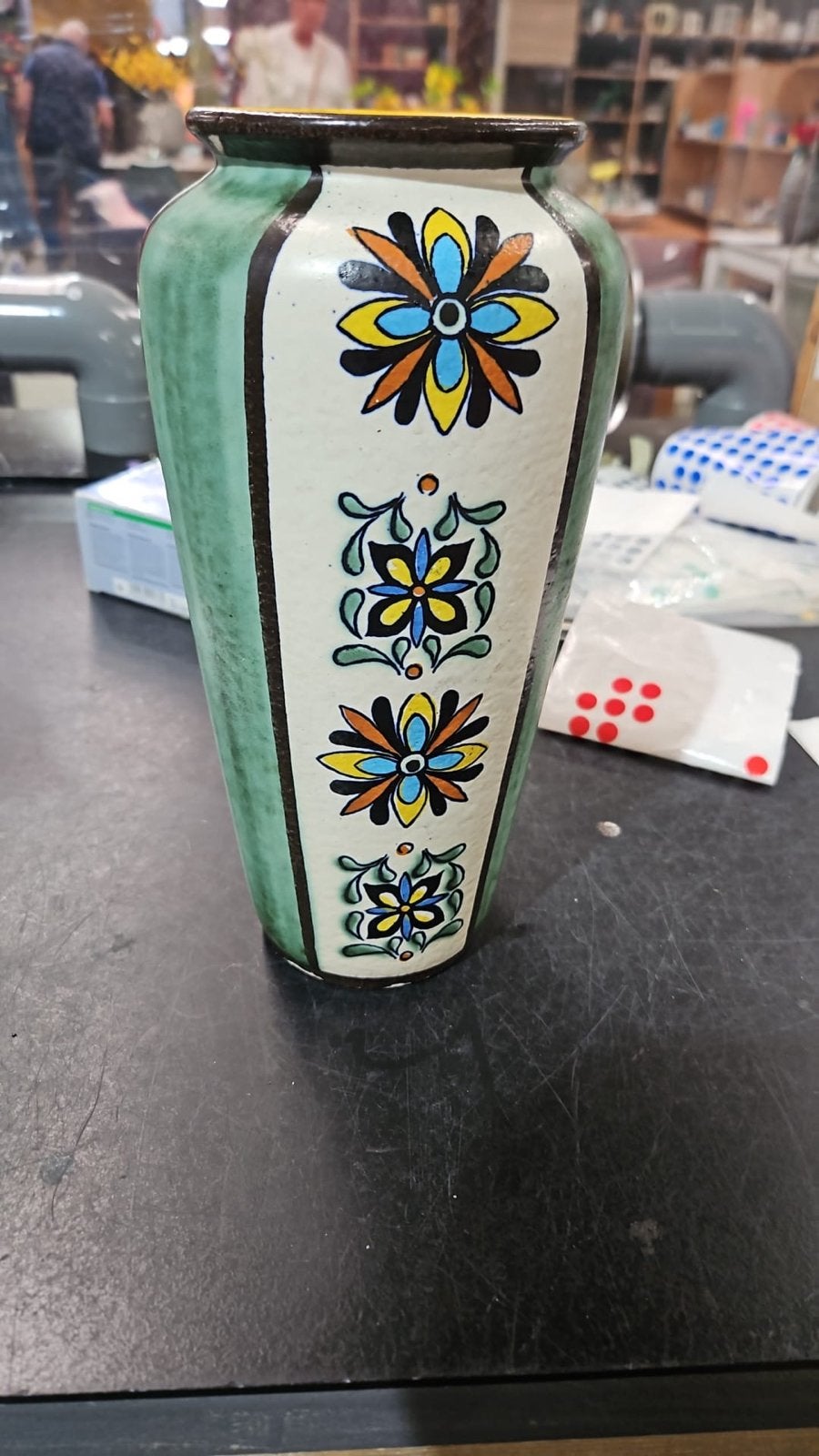 Jasba Keramik West Germany vaas, groen-wit met bloemmotief, Ophalen of Verzenden