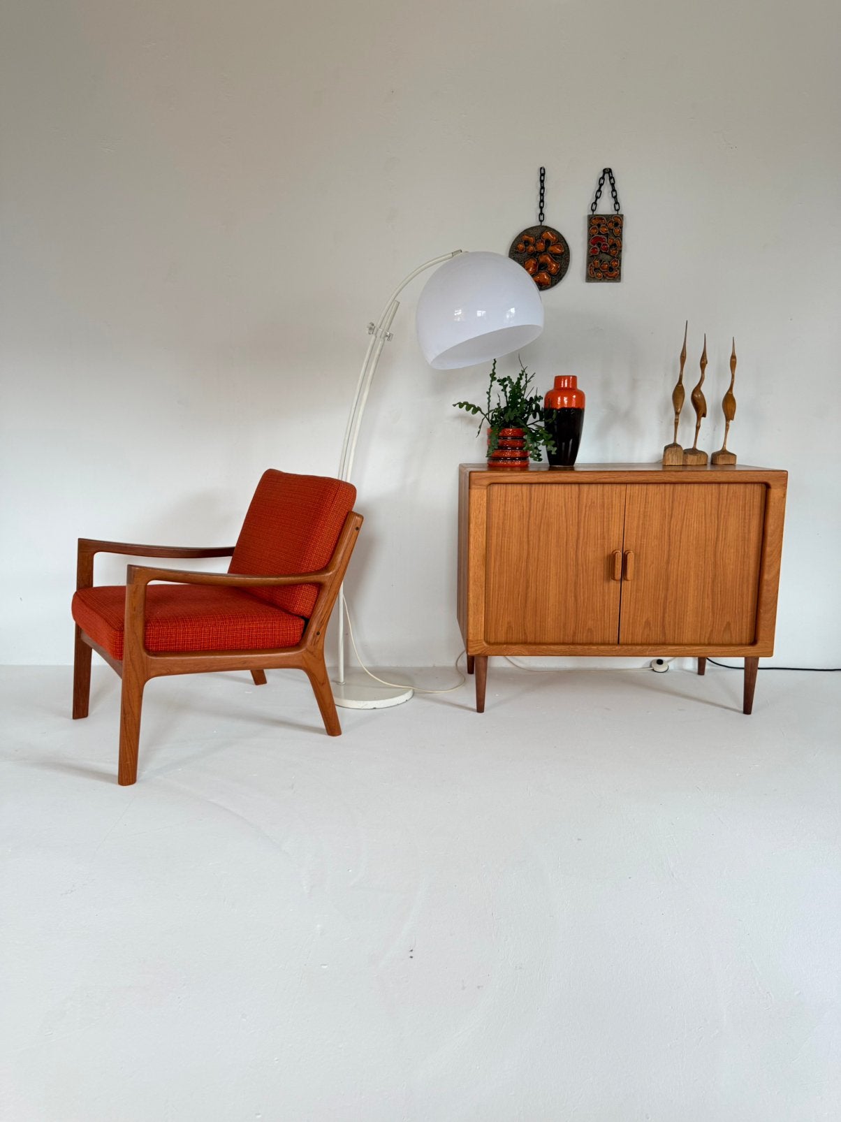 Vintage verstelbare booglamp, Solken Leuchten ‘70, Solken Leuchten, Kunststof, Vintage retro buisframe design rotan webbing papercord deens