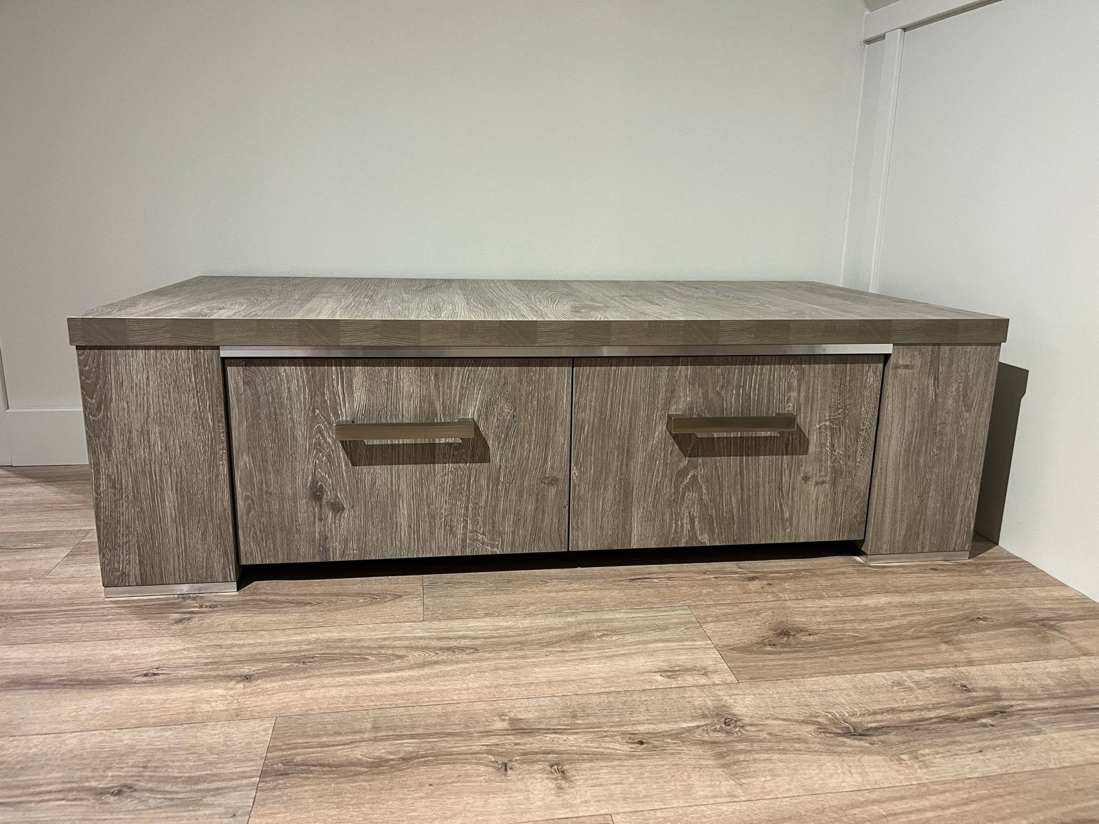 Salontafel eiken grey met twee laden - 135x67 cm, Ophalen, 100 tot 150 cm, Eikenhout, 50 tot 100 cm