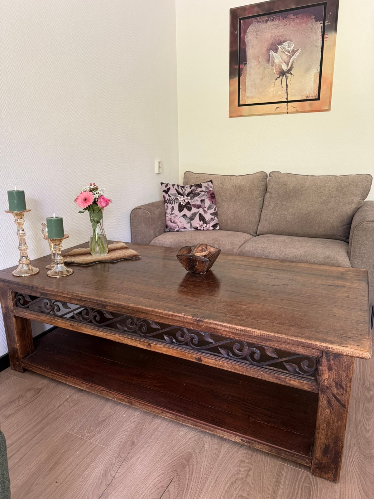 Massief houten Indonesische salontafel met smeedijzer, Ophalen, Gebruikt, 50 tot 100 cm, 150 tot 200 cm