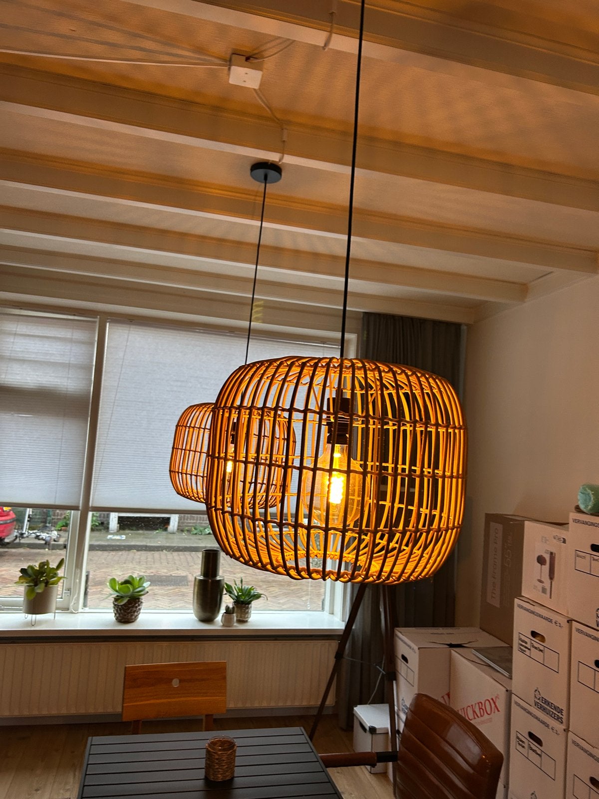 Set van 2 rieten hanglampen - 35 cm, Huis en Inrichting, Ophalen, Gebruikt, Natuurlijk materiaal