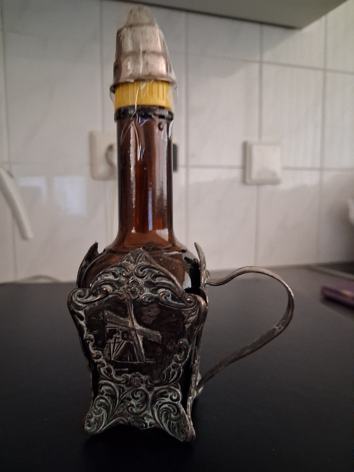 COMPLETE VERZILVERDE ANTIEKE/BROCANTE MAGGI FLES HOUDER, Antiek en Kunst, Ophalen of Verzenden