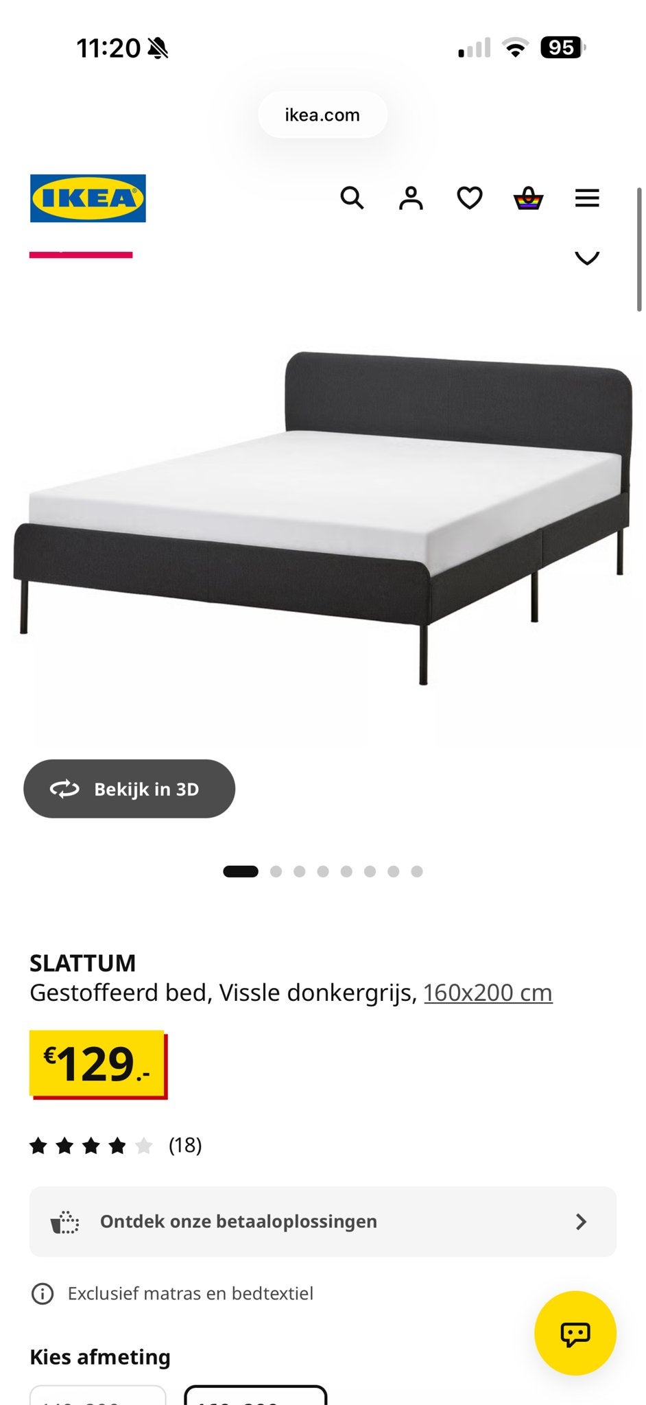 IKEA SLATTUM Gestoffeerd bed, donkergrijs, 160x200 cm, Ophalen, Gebruikt, Tweepersoons, 200 cm