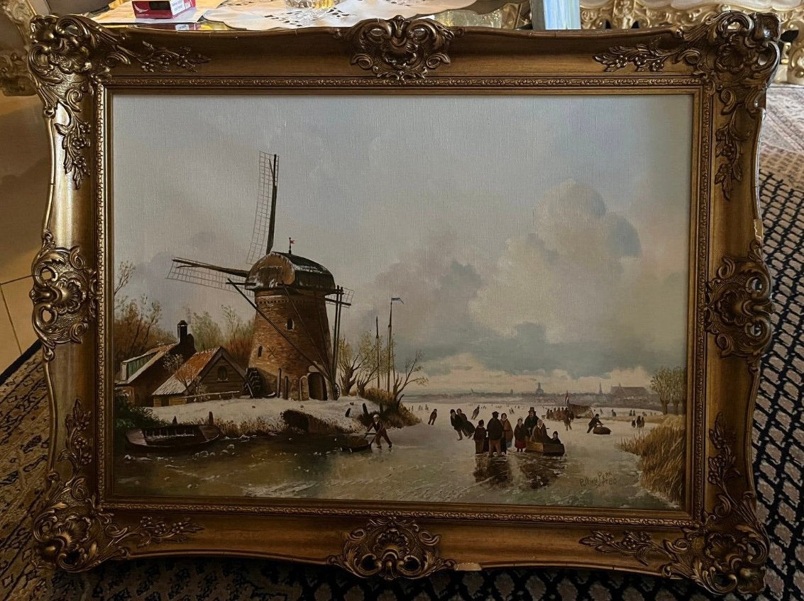 Oud groot olieverf winterlandschap schilderij, Antiek en Kunst, Ophalen