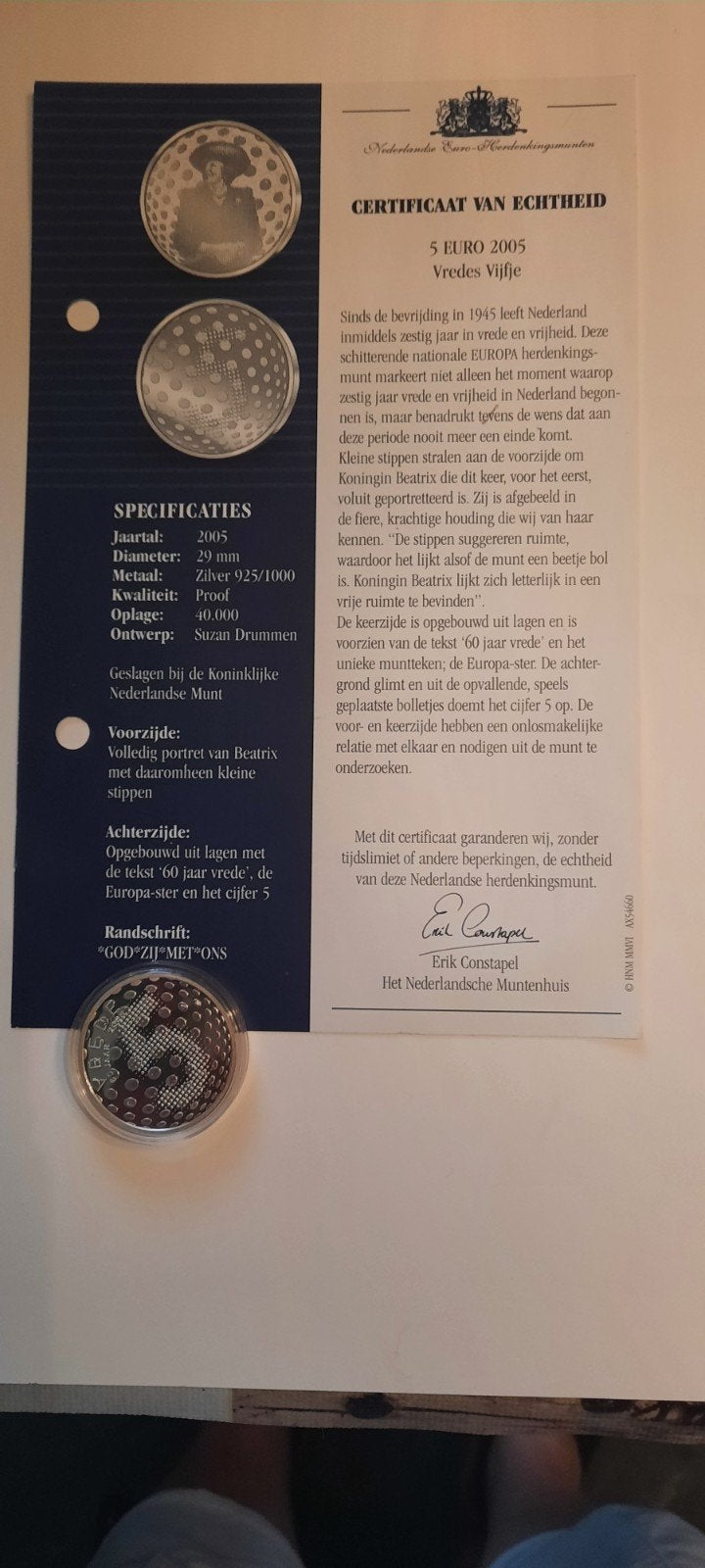 5 Euro 2005 Vredes Vijfje Proof KNM, Ophalen of Verzenden, Koningin Beatrix, Euro's, Losse munt