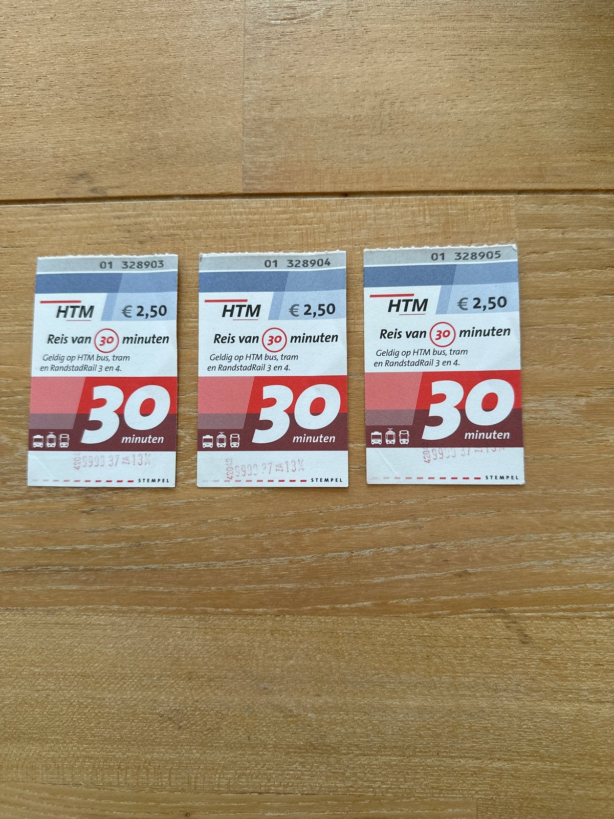 HTM Tram/Bus kaartjes gestempeld.