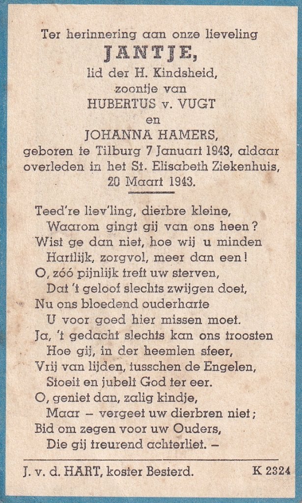 Vugt Jantje 1943 Tilburg 1943, Ophalen of Verzenden, Bidprentje