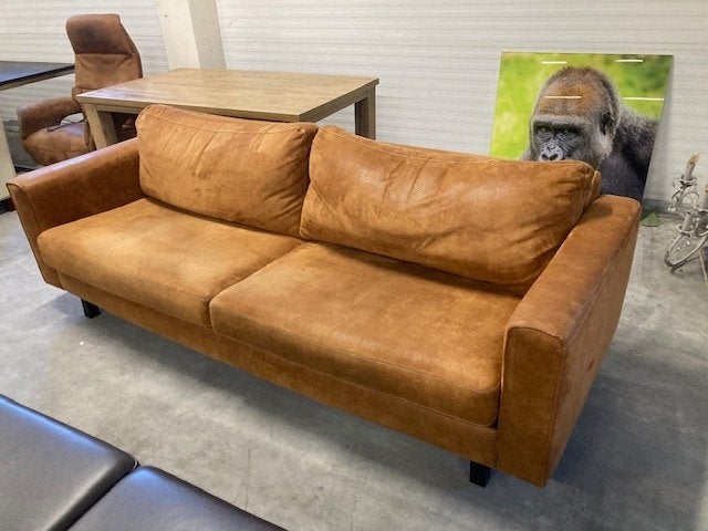3 zitsbank stof microvezel cognac metalen poten ALS NIEUW, Ophalen, Zo goed als nieuw, 75 tot 100 cm, Stof