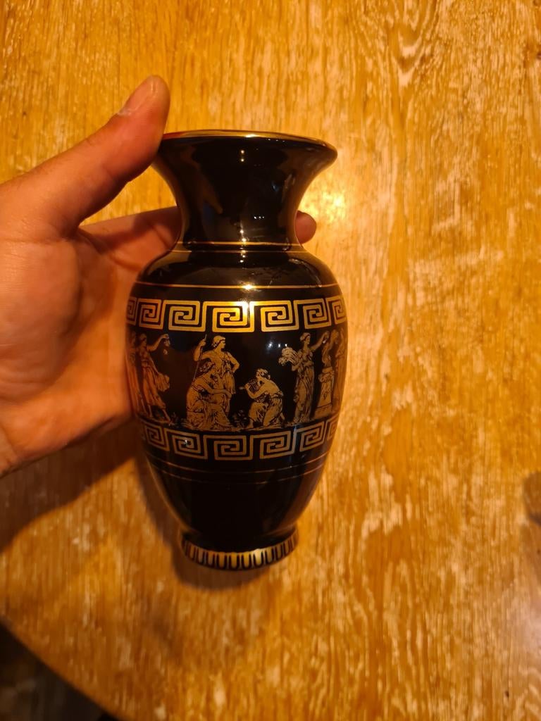 Zwarte vaas met Griekse figuren en 24K goud bijna gratis, Antiek en Kunst, Ophalen