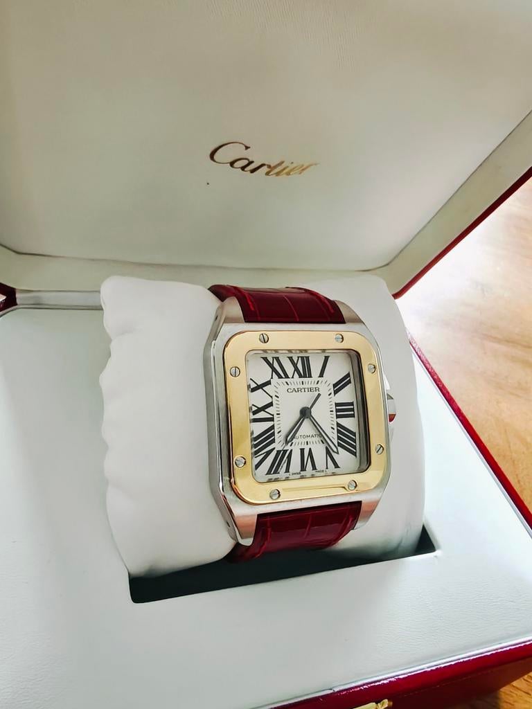 Cartier santos 100 bicolor fullset, Leer, Staal, Polshorloge, Zo goed als nieuw