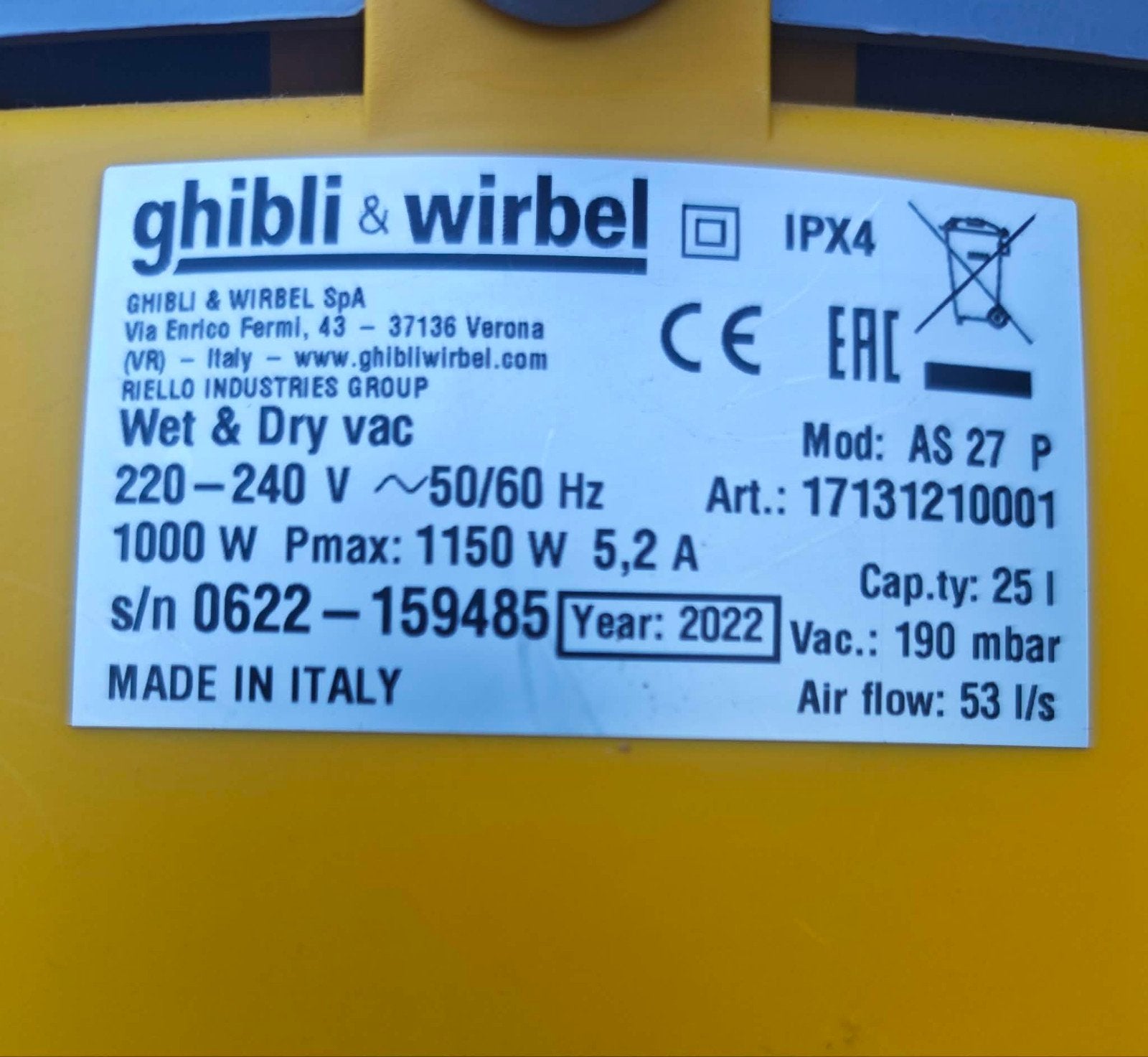 Ghibli & Wirbel AS 27 P Wet & Dry stofzuiger (2022), Ophalen, Zo goed als nieuw, Industriële stofzuiger, Minder dan 1200 watt