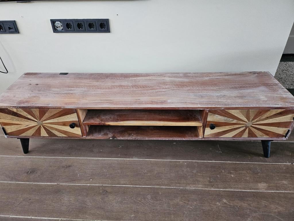 Boho Tv-meubel 145x35x35 cm massief acaciahout, Ophalen, Gebruikt, 100 tot 150 cm, Boho