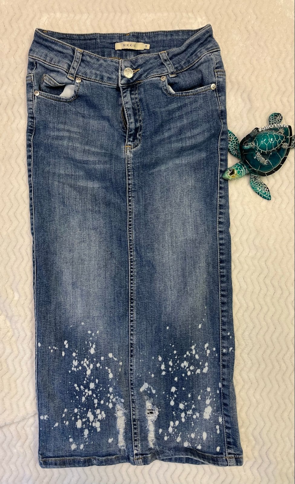 Nikkie spijkerrok met verfspatten - Maat 34 (XS), Blauw, Ophalen of Verzenden, Zo goed als nieuw, Maat 34 (XS) of kleiner