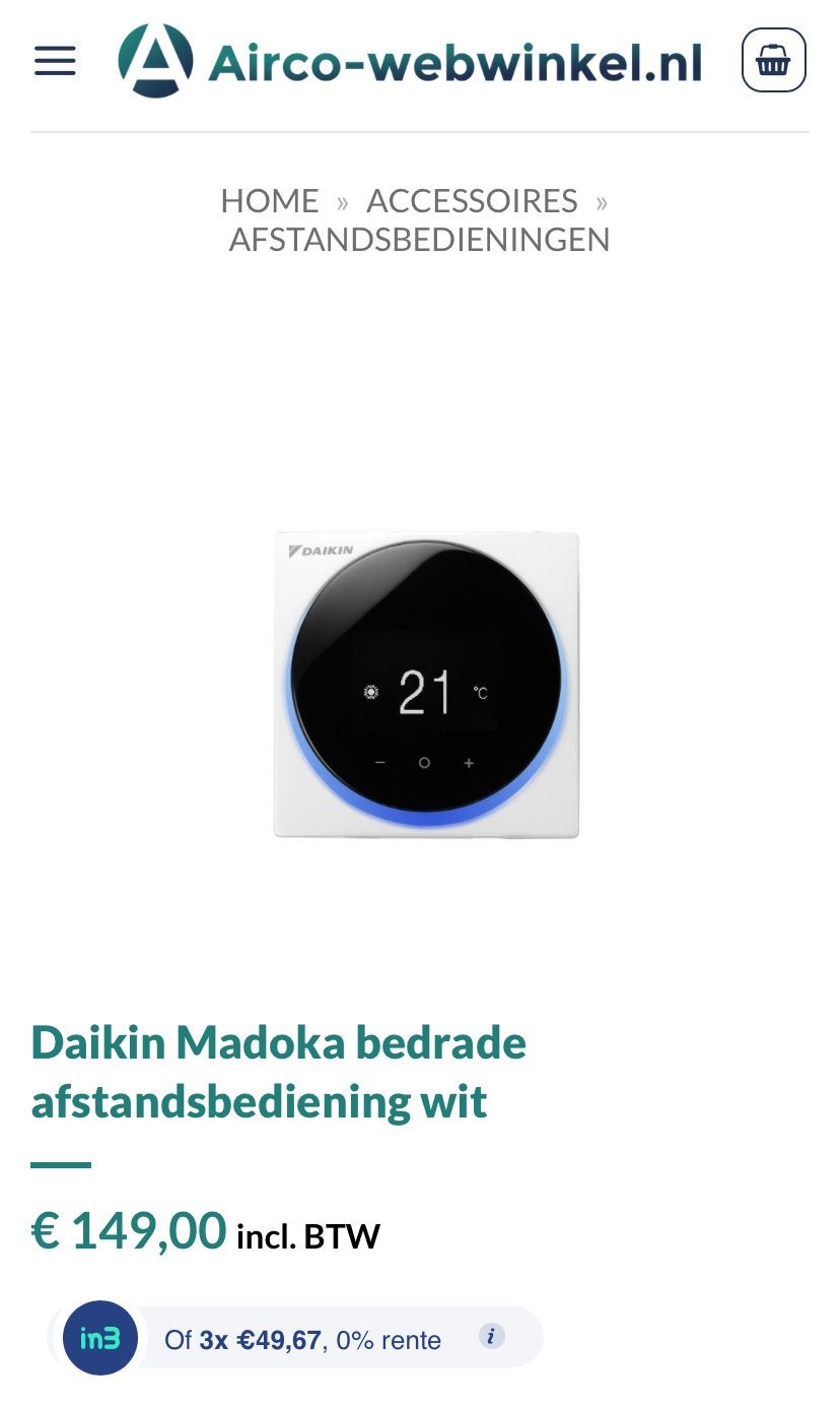 Daikin BRC1H52W7 Madoka afstandsbediening, Minder dan 60 m³, Nieuw, 3 snelheden of meer, Ophalen of Verzenden