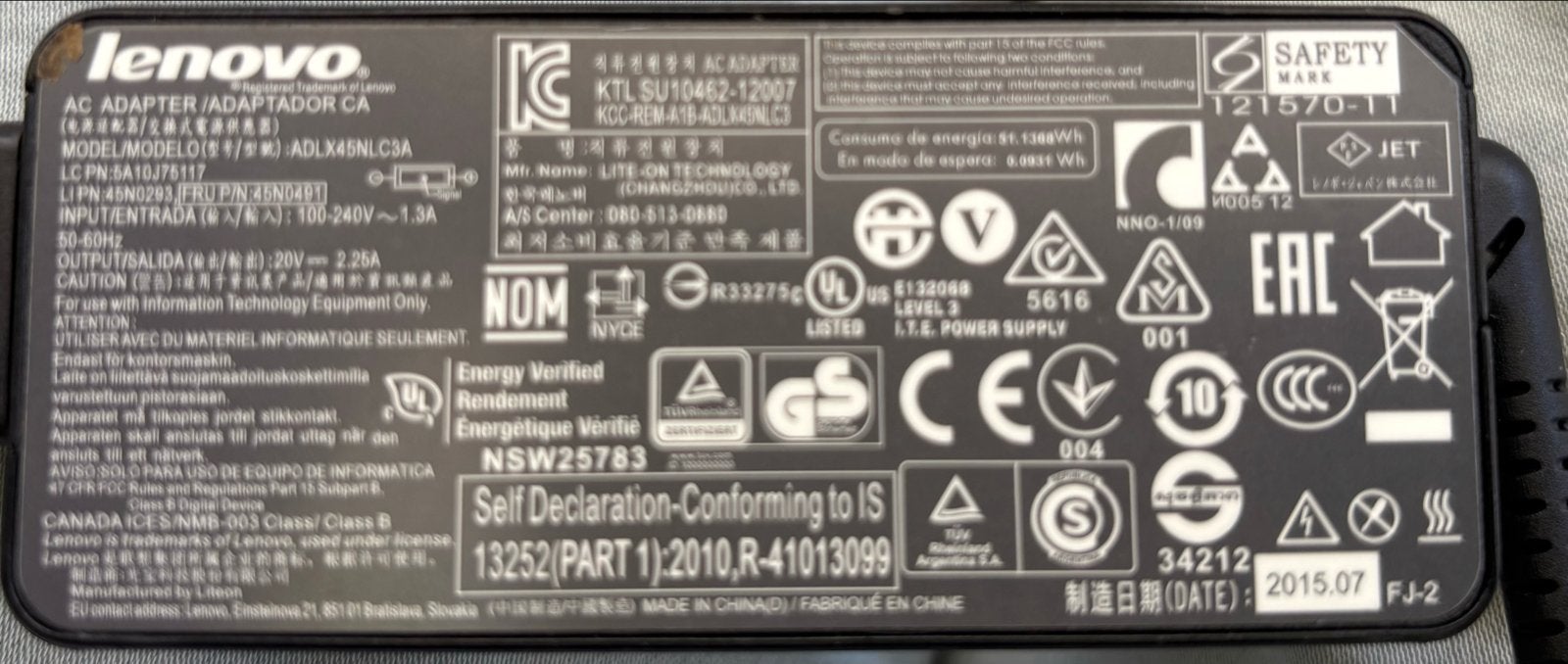 Lenovo ADLX45NL3A AC Adapter 20V 2.25A (45W), Computers en Software, Laptop-opladers, Ophalen of Verzenden, Gebruikt