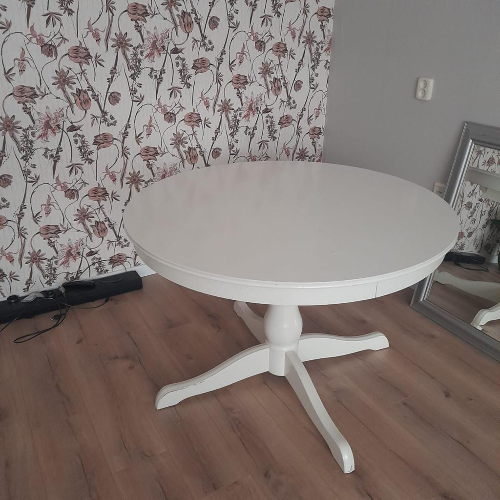 Witte ronde eettafel met kleine beschadiging op blad, Ophalen, Gebruikt, 100 tot 150 cm, Rond