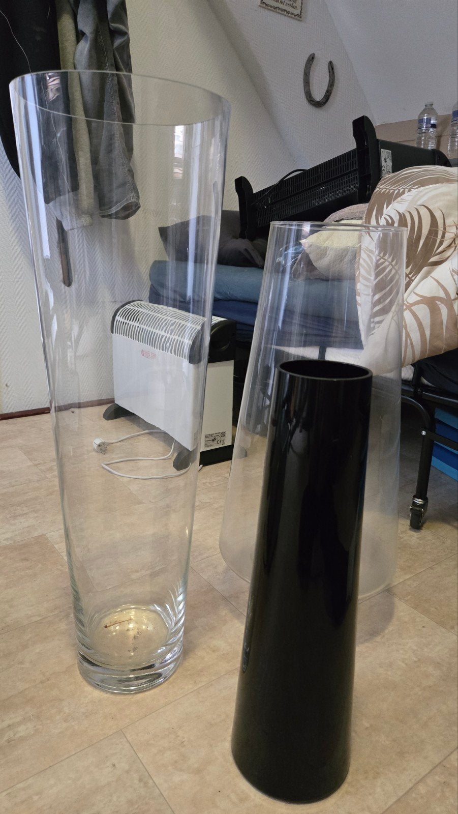 3 hoge vazen (70, 60, 46 cm) - Ook voor kerst, Ophalen, Gebruikt, Transparant, Glas
