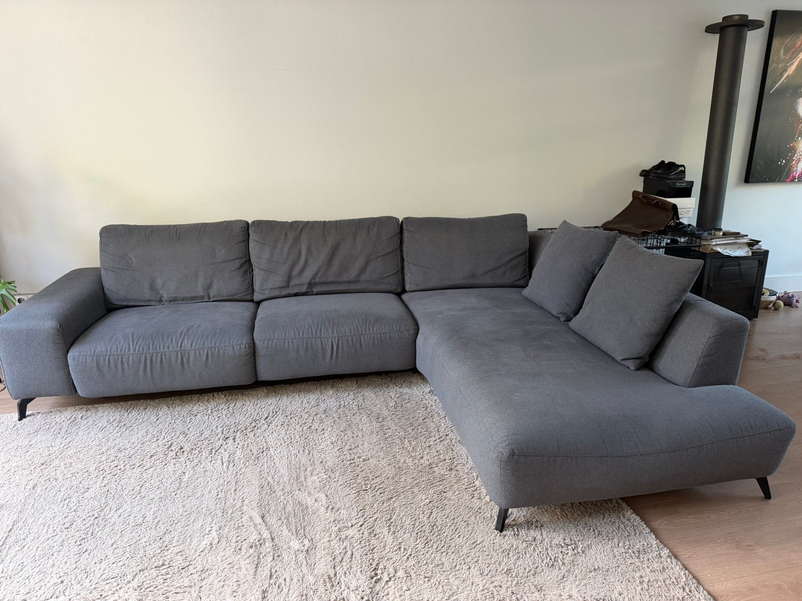 XL loungebank hoekbank grijze stoffen bekleding – 305 cm, Huis en Inrichting, Banken | Bankstellen, Ophalen, Gebruikt, Hoekbank