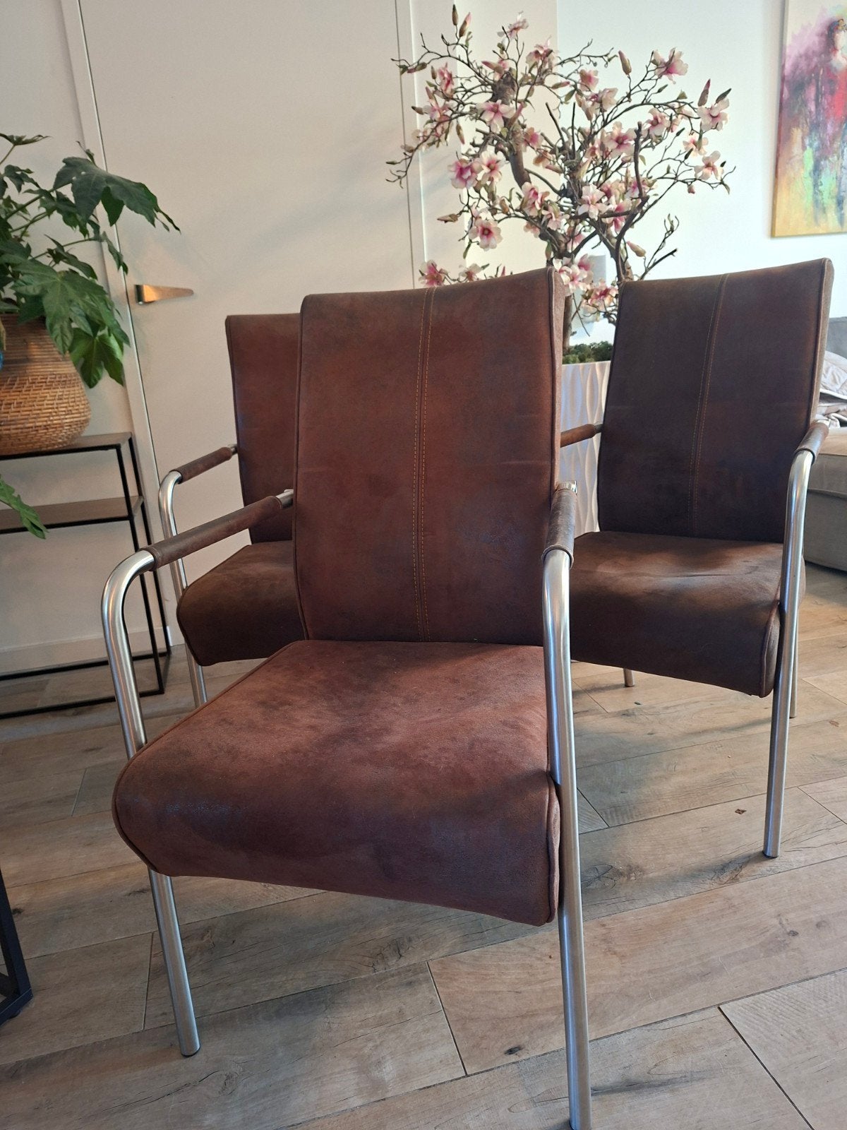 Eetkamerstoelen, 6 stuks, Huis en Inrichting, Stoelen, Ophalen, Gebruikt, Bruin, Leer