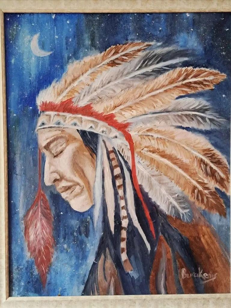 Uniek Olieverfschilderij: Indiaanse Portret (45x55 cm), Antiek en Kunst, Ophalen of Verzenden