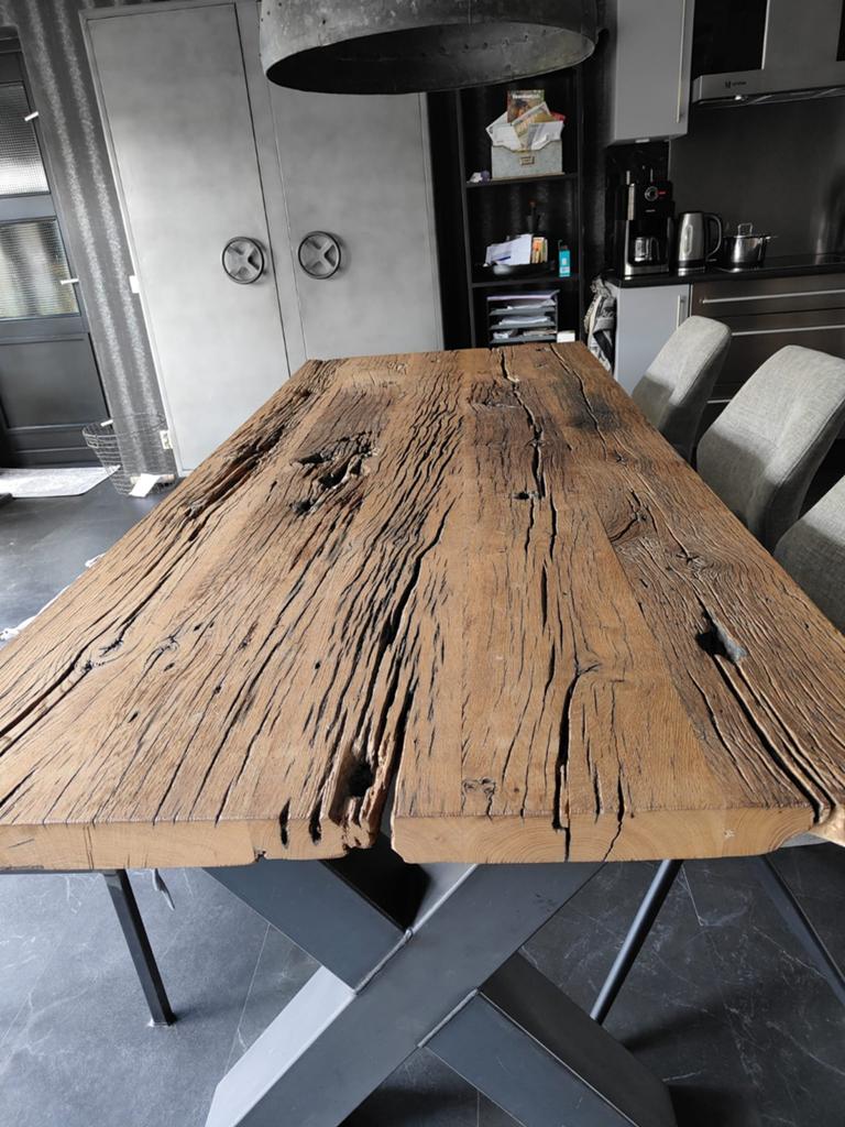Oud eiken treinwagonplanken eettafel, Huis en Inrichting, Tafels | Eettafels, Ophalen of Verzenden, Rechthoekig, 200 cm of meer