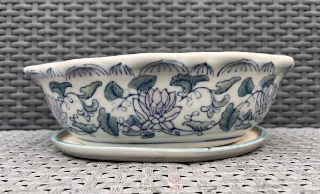 Bonsai schaal + onderzetter gedecoreerd porselein 25,6x18,8, Overige materialen, Nieuw, Ophalen of Verzenden, Overige vormen