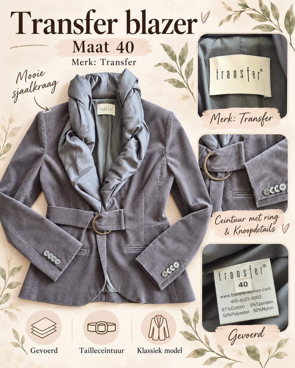 zgan transfer blazer grijs 40 jasje, Kleding | Dames, Ophalen of Verzenden, Zo goed als nieuw, Maat 38/40 (M), Grijs