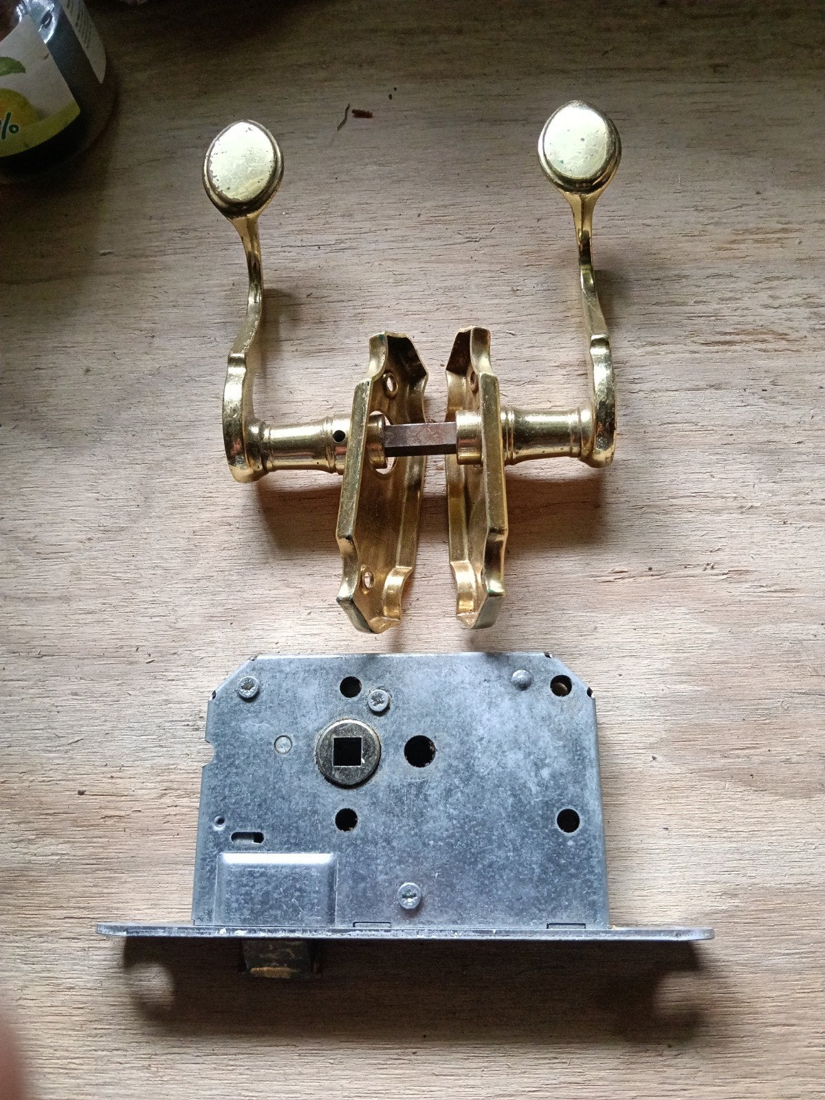 Antieke messing deurklinken met slot, Ophalen of Verzenden, Gebruikt, Koper of Messing, Klink of Kruk