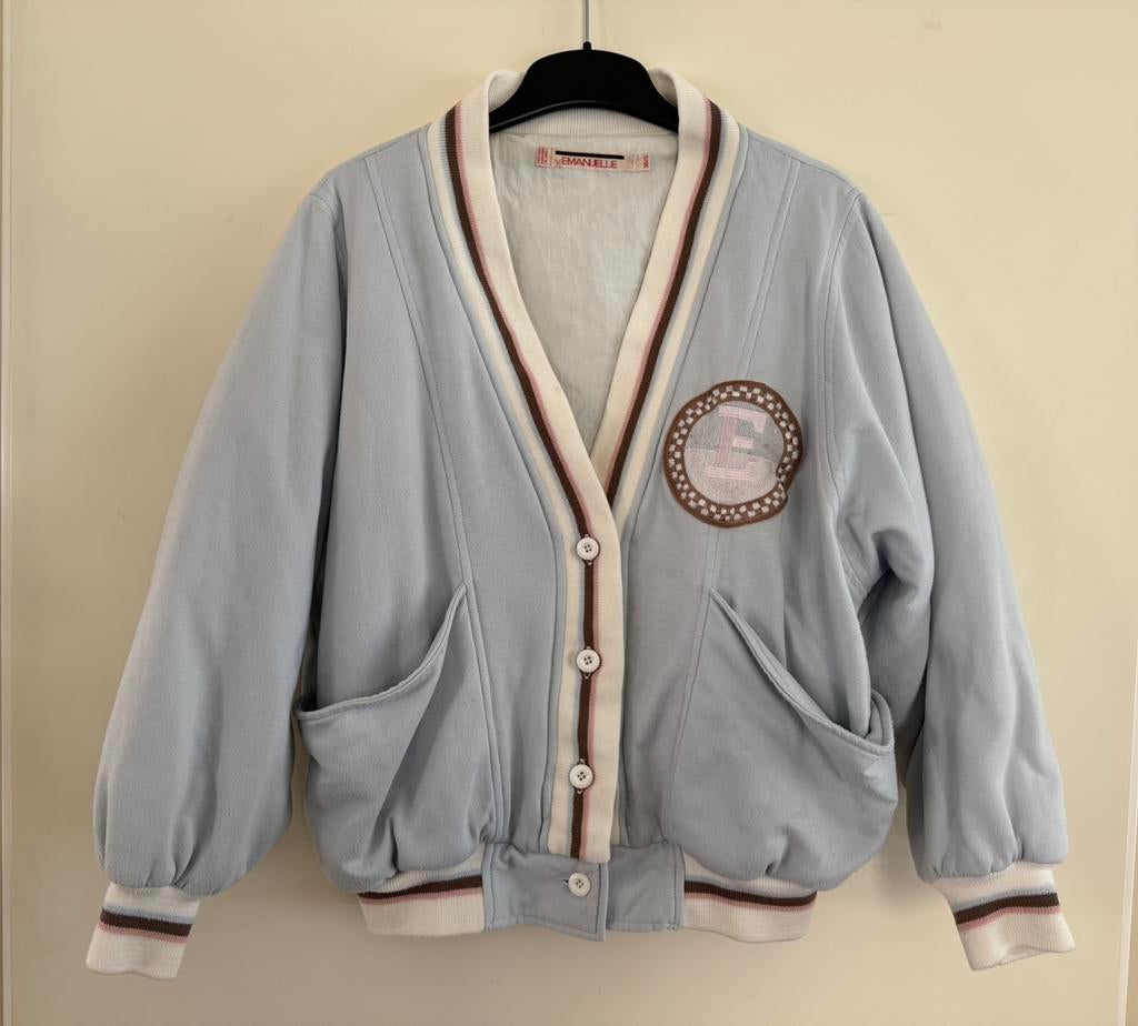 Vintage ‘80 jasje Emanelle college jasje maat S pastel blauw, Blauw, Ophalen of Verzenden, Jasje, Maat 36 (S)