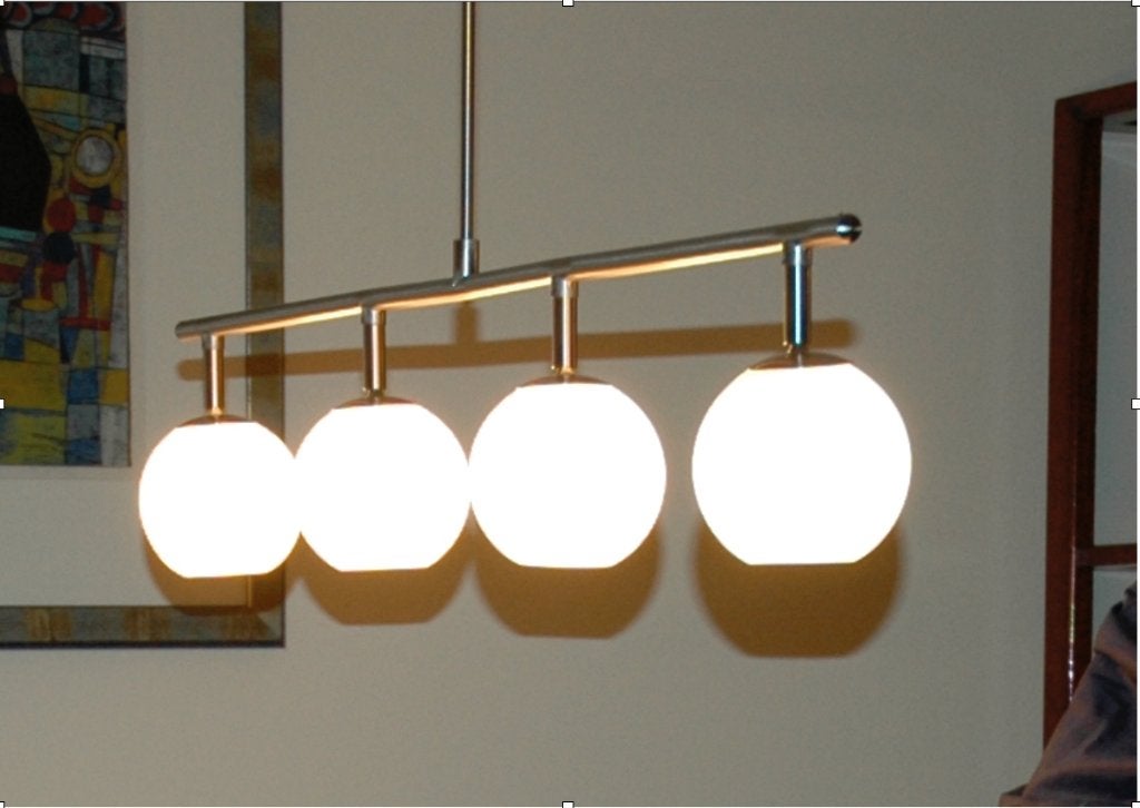 Hanglamp 4 glazen gemateerde bollen, Gebruikt, Ophalen of Verzenden, Glas, Strak - maar warm